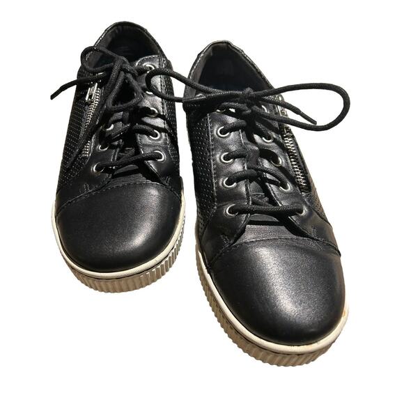 BORN Women Tamara Sneakers Lace Up‎ Side Zip Black Perforated Leather Size 8 - Picture 1 of 5